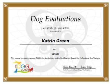 Dog Evaluation Training Cert Dog Evaluations Certificate for Katrin Green